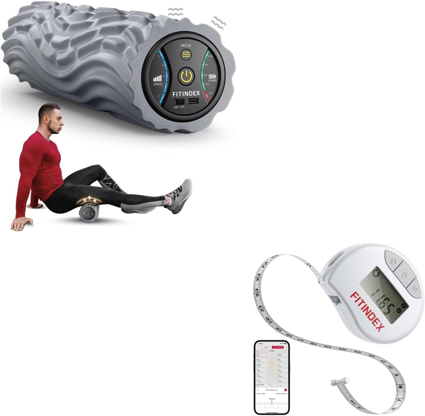 FITINDEX Vibrating Foam Roller Gray and Smart Body Tape Measure