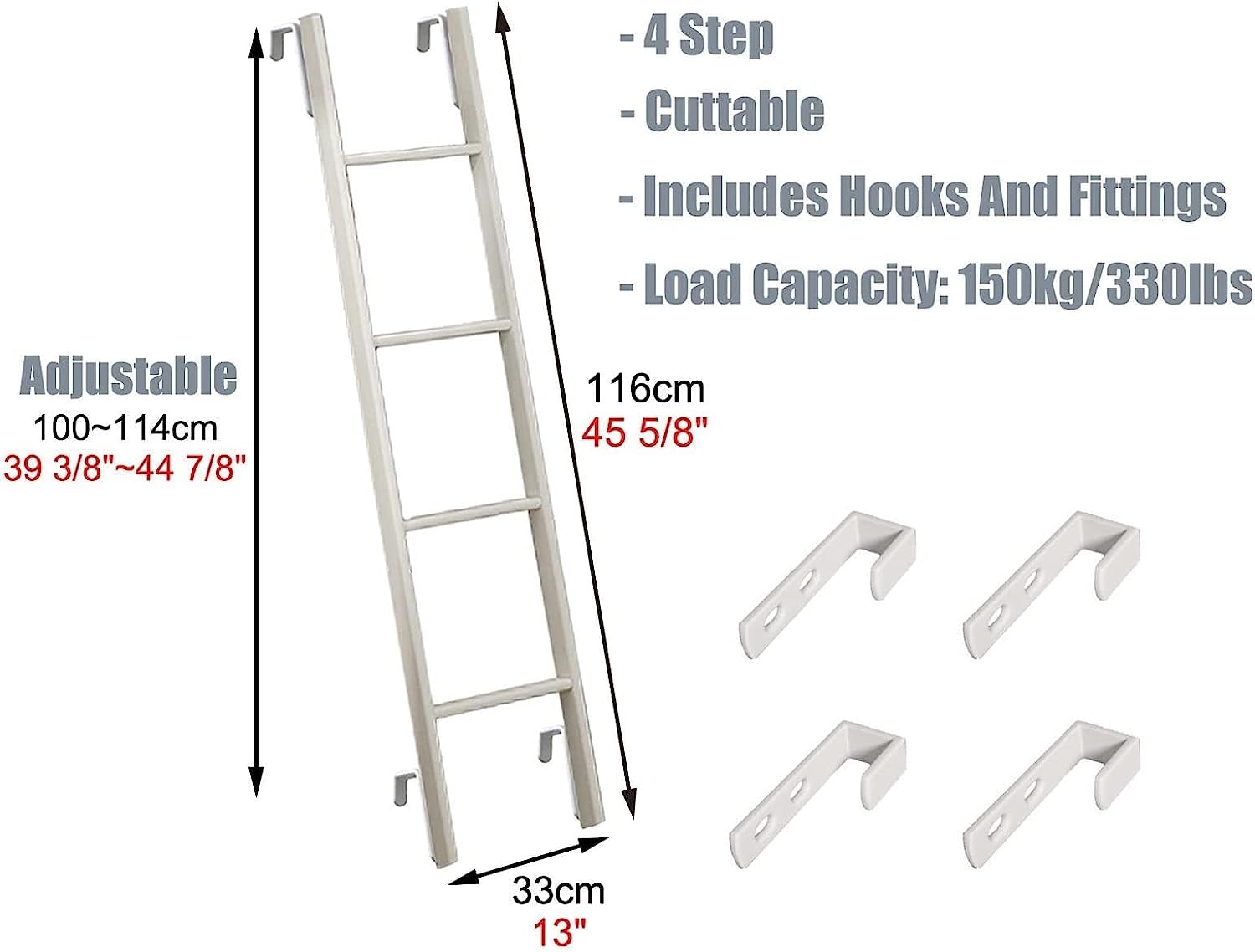 Scaletta Letto a Castello Scala per Letto a Castello per Dormitorio Camper, Scalette di Salita Gemelle Bianche Lunghe Regolabili In Metallo con Ganci, Scalette per Camera da Letto (116cm)