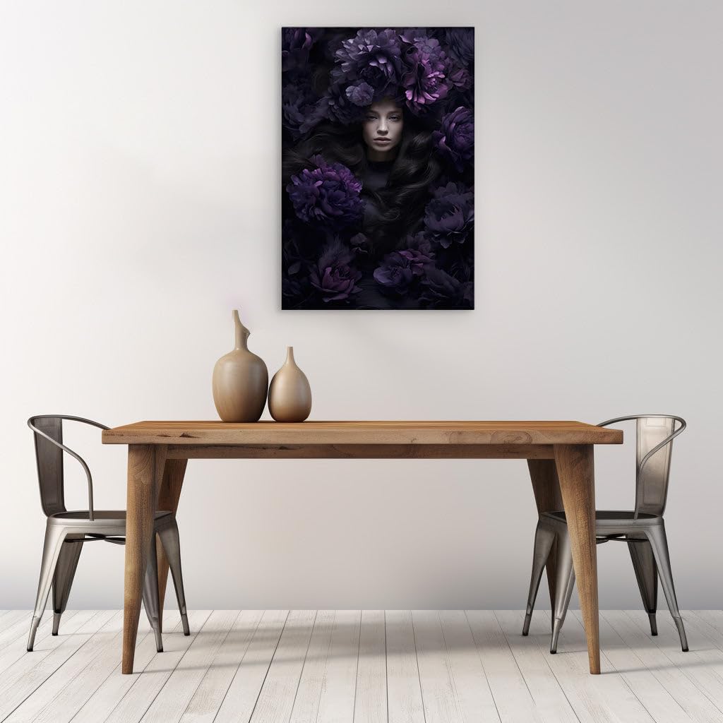 Canvas for Living Room. Mystique in Monochrome: A Portrait Veiled in Purple Blooms, 27 x 18 inch Canvas Wall Art - Contemporary Masterpieces - Modern Home Decor