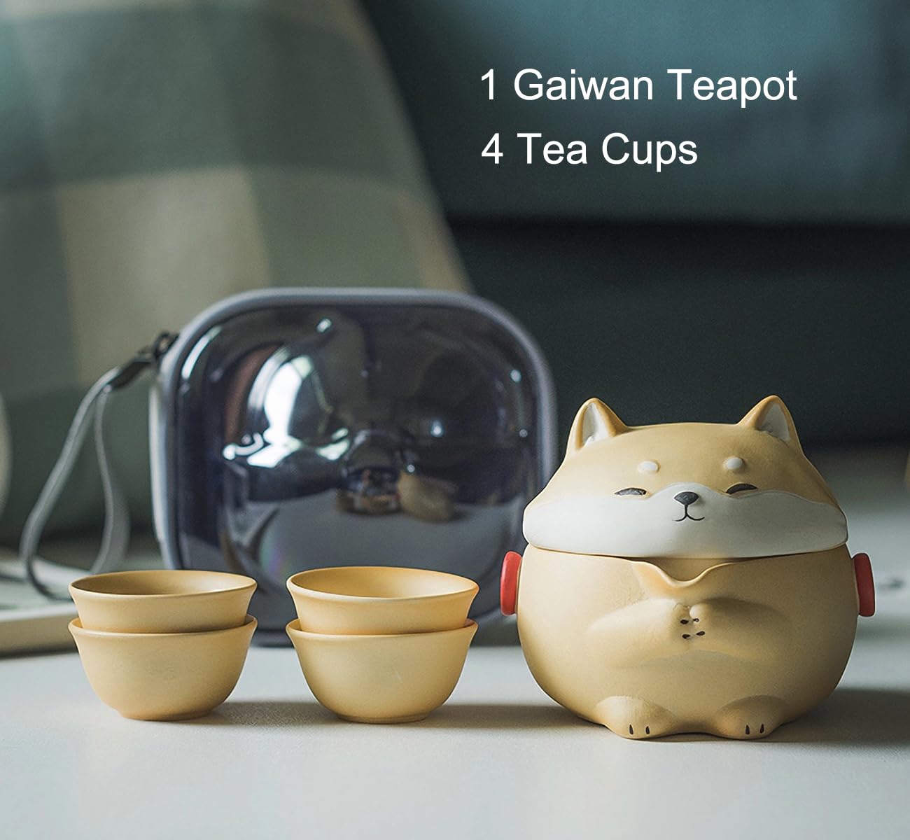 Mini Gaiwan zestaw do herbaty, miły pies Shiba Inu dzbanek do herbaty z przenośną torbą na podróż, chińska ceramika Gongfu dzbanek do herbaty z 4 ceramicznymi filiżankami do herbaty. Prezent