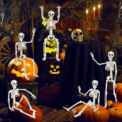 DIYDEC 6 Stück Halloween Deko Skelett, 40cm Ganzkörper Mini Hängende Skelett mit beweglichen Gelenken für Halloween Hause Party Garten Outdoor Dekoration