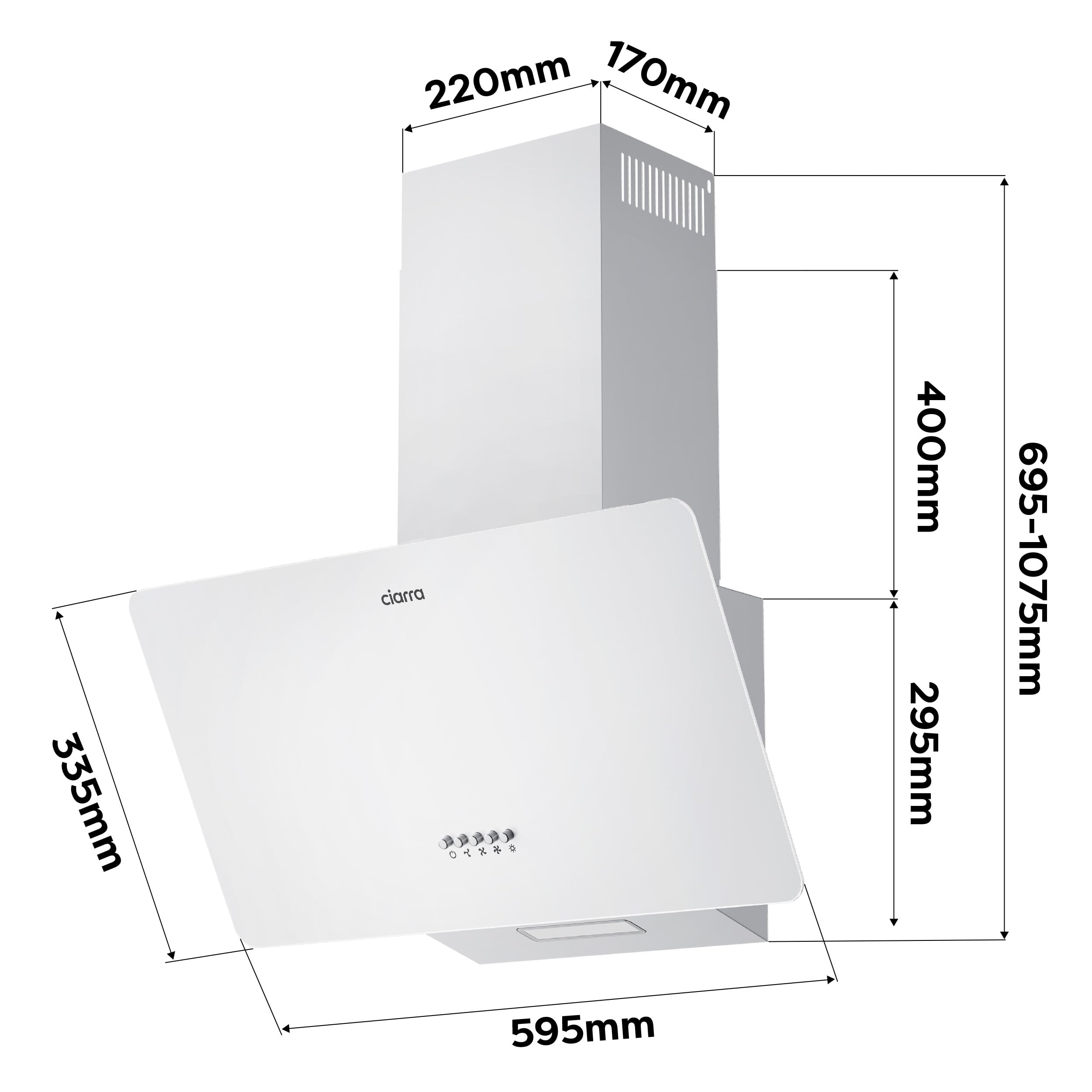 CIARRA Hotte Aspirante Inclinée 60cm 350 m³/h LED Silencieuse Recyclage Evacuation Blanc