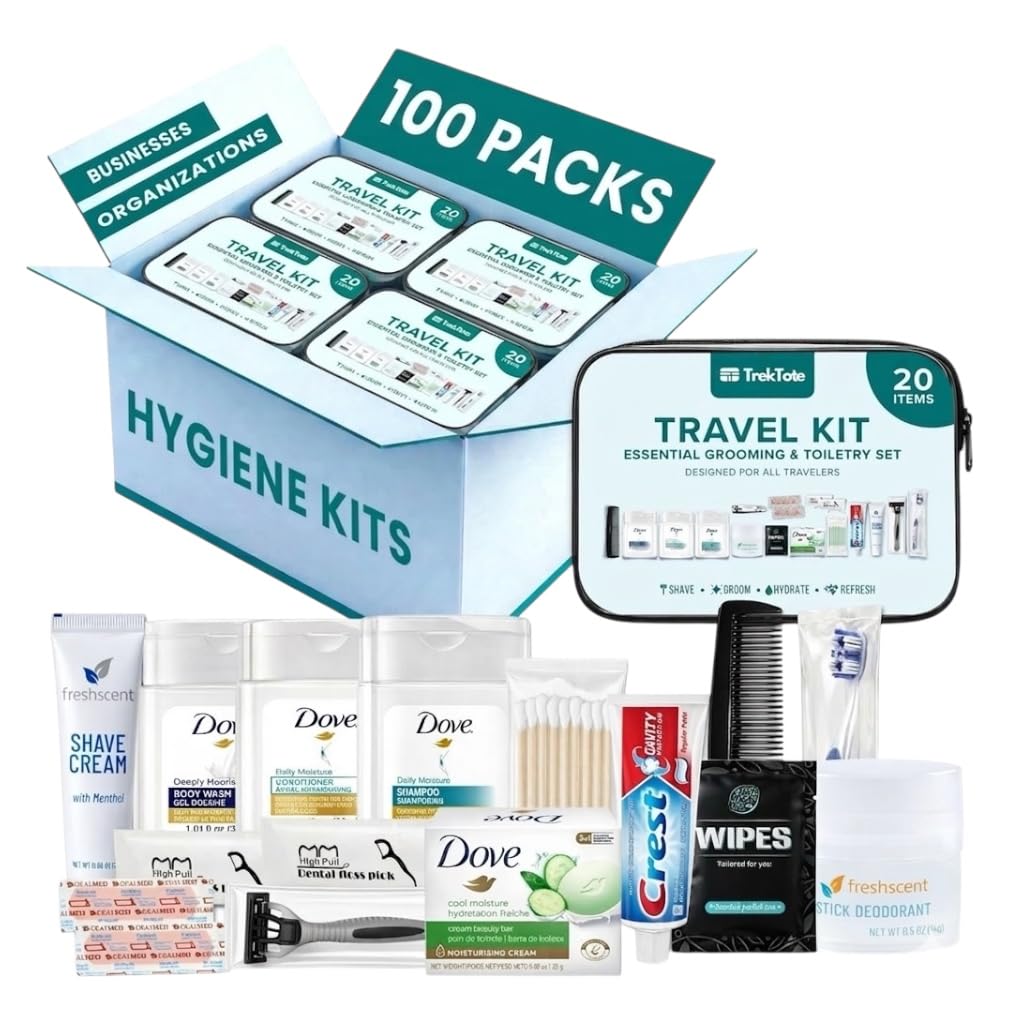 TrekTote 20 Piece Hygiene Kit Bulk, Travel Size Toiletries Set, Care Package Supplies, Mini Deodorant Shampoo Body Wash Toothbrush Toothpaste Razor Kit, TSA Approved, Clear Bag