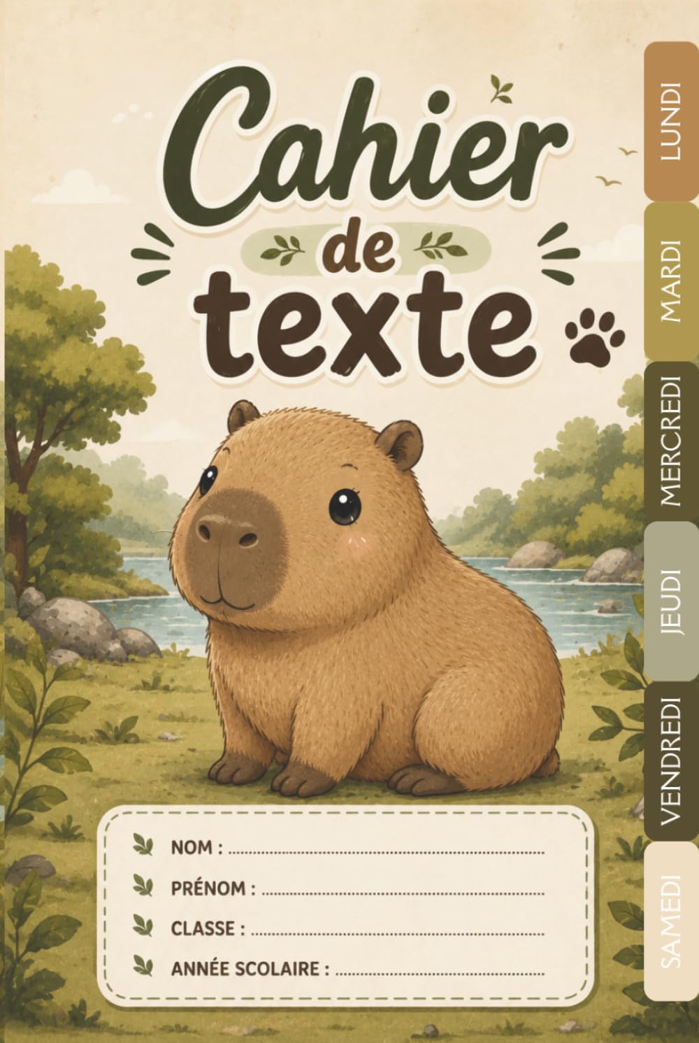 Cahier de Texte Kawaii Capybara: Pour filles et garçons – CP, CE1, CE2, CM1, CM2 – Pratique pour toutes les matières – Motif Capybara kawaii – Relié.