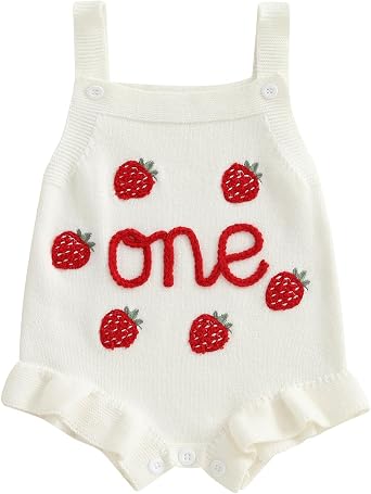 Baby Girl Birthday Outfit Knit Bubble Romper One Year Old Strawberry Embroidery Ruffle Sleeveless Bodysuit Clothes