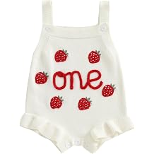 Baby Girl Birthday Outfit Knit Bubble Romper One Year Old Strawberry Embroidery Ruffle Sleeveless Bodysuit Clothes