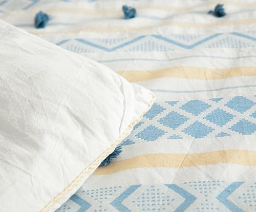 Miniatura 5 de SLEEPBELLA Edredón tamaño King, algodón de 600 hilos estampado blanco con juego de edredón botánico azul, juego de cama alternativo de plumón de 3