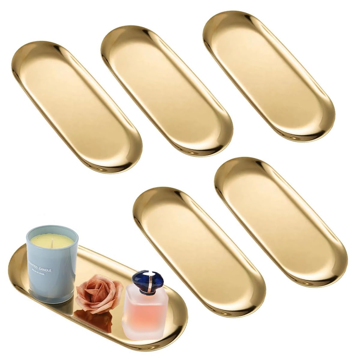 6PCS Stainless Steel Serving Tray Set Small Metal Trays Decorative Gold Platters for Serving Food Party 9" Long Plate Oval Storage Trays Thickened Serving Dishes for Entertaining Sushi Snack