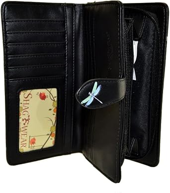Shag Wear Dragonflies Large Wallet Vegan Faux Leather Nature Design Clutch with Card Slots Bill Compartments ID Window Zippered Coin Pocket 7 Black