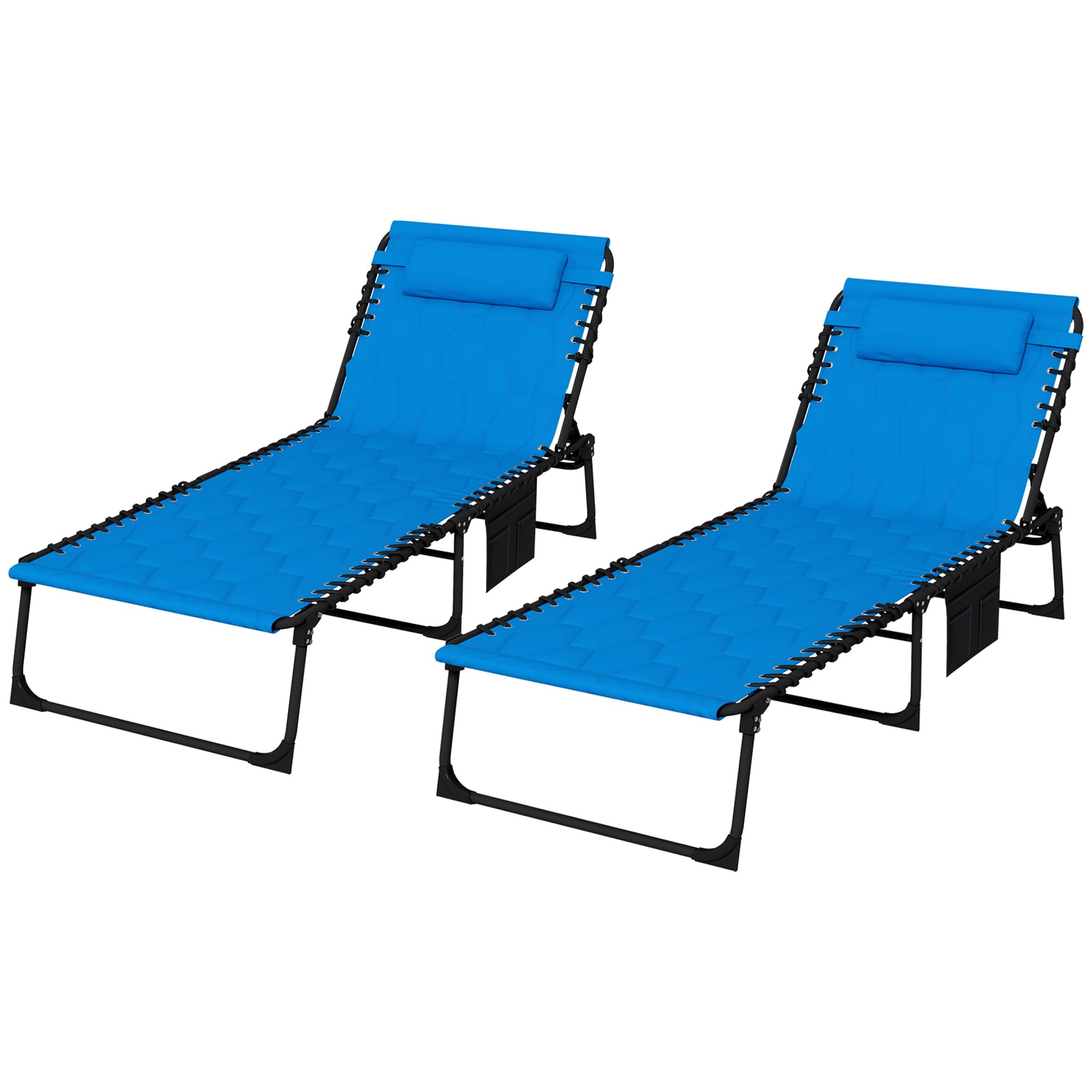 Outsunny2 Piece Foldable Sun Lounger Set with 5-level Reclining Back, Outdoor Tanning Chairs Sun Loungers with Build-in Padded Seat, Side Pocket, Headrest for Beach, Yard, Patio, Blue