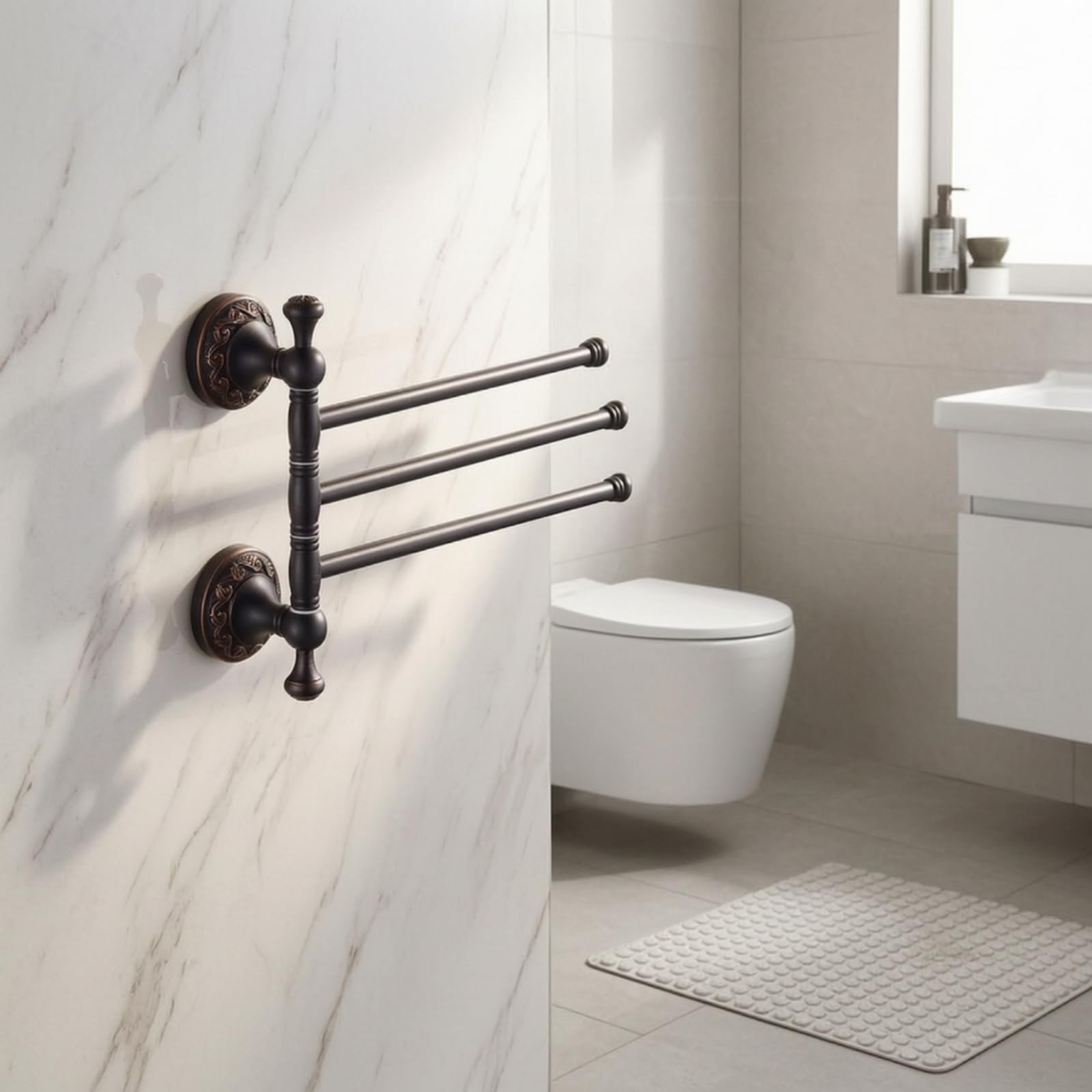 Toallero Giratorio 3 Brazos Resistente Toallero con 3 Brazos Estable Soporte para Baño, Negro, Estilo Europeo, Diseño De Tres Barras, Acabado En Negro Mate