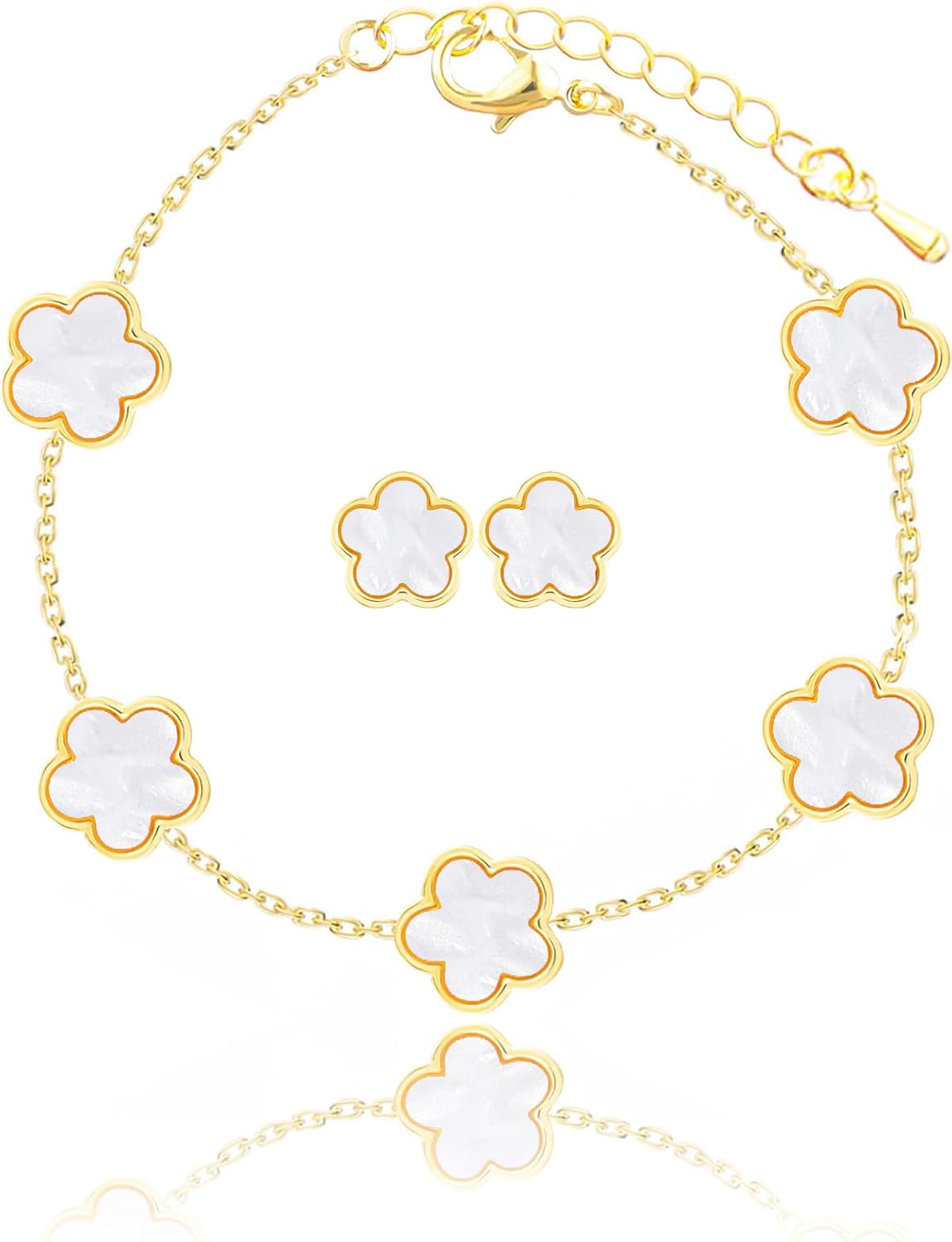 Four Leaf Clover Earring and Bracelet Set for Women Lucky Flower 14K Gold Jewelry