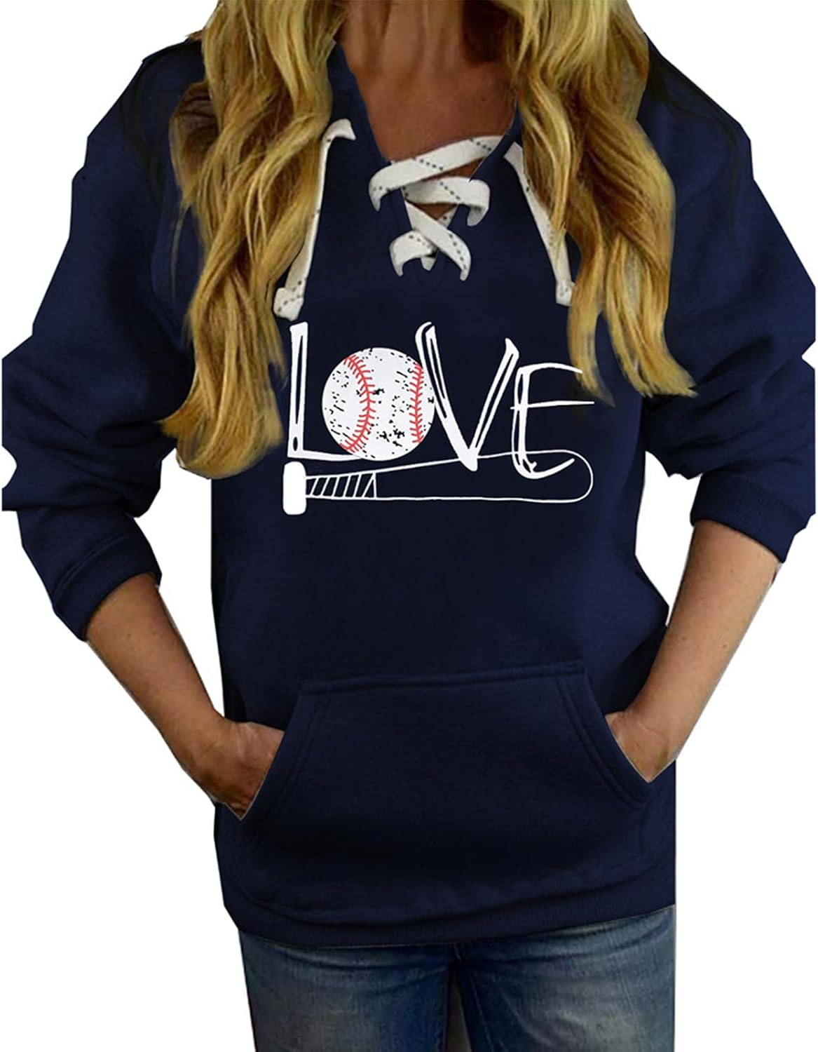 Womens Baseball Mom Hoodie Lace-up V Neck Long Sleeve Love Baseball Sweatshirts with Pocket
