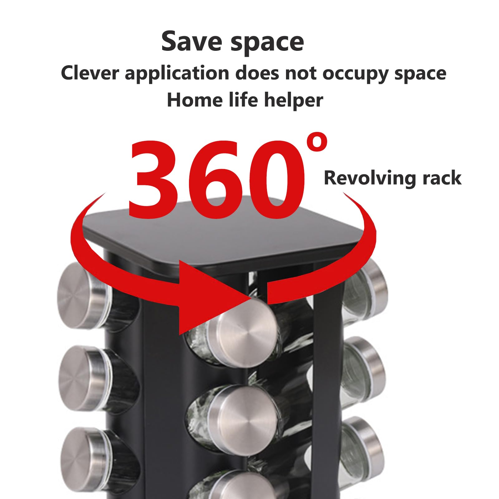 Estante de especias giratorio con 16 tarros de especias, organizador de torres de especias de cocina para mostrador o gabinete, gadgets de cocina (Black, SquareHead_16Jars)