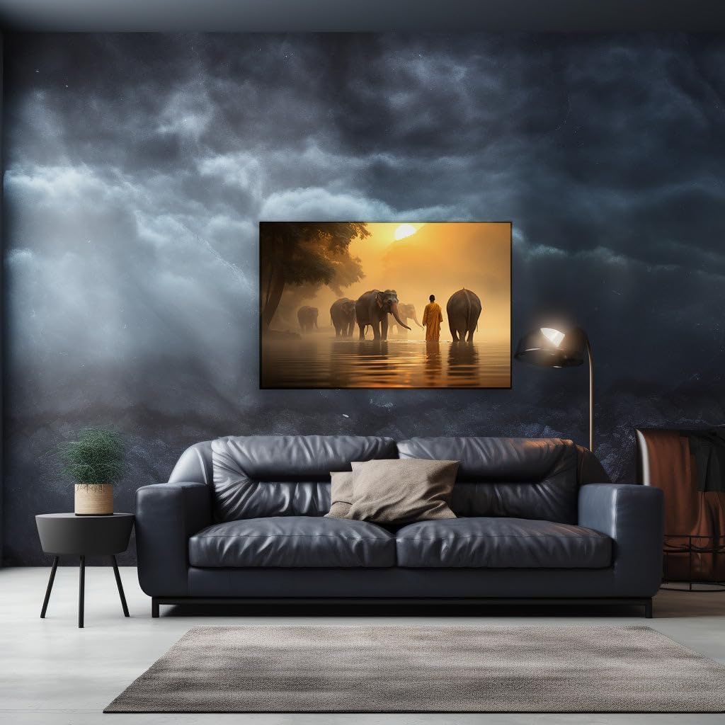 Canvas for Living room. Dawn's Serenity: A Monk and His Elephant Procession in the Hazy Sunrise, 27 x 18 inch Canvas Wall Art - Contemporary Masterpieces - Nature Home Decor - 69x46 cm (27x18 inch)