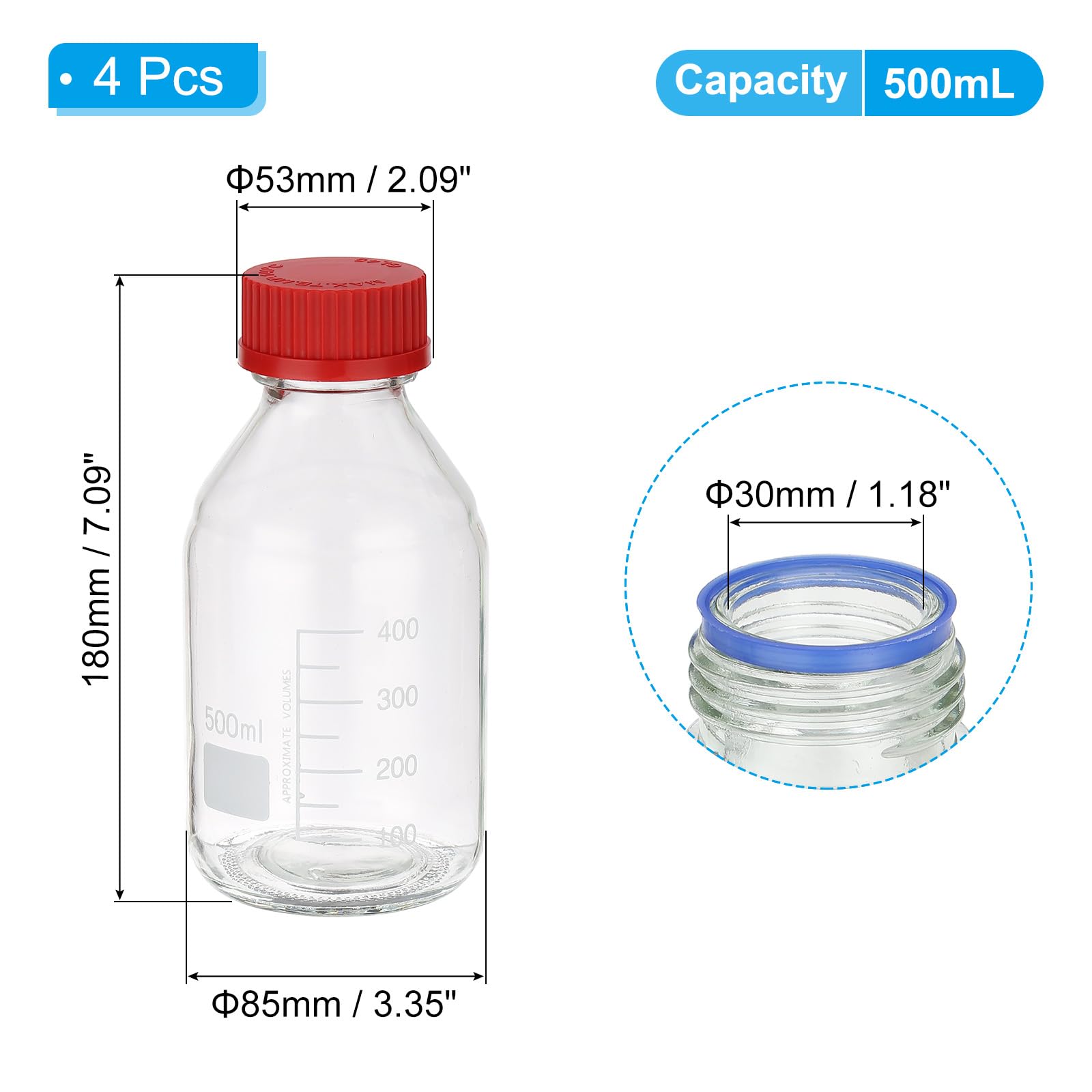 PATIKIL 4 Flacons De Stockage De Milieu Réactif, 500ml Bouteilles Graduées En Verre Borosilicaté Avec Bouchon À Vis Rouge GL32 Pour Liquides Réactifs De Laboratoire, Transparent