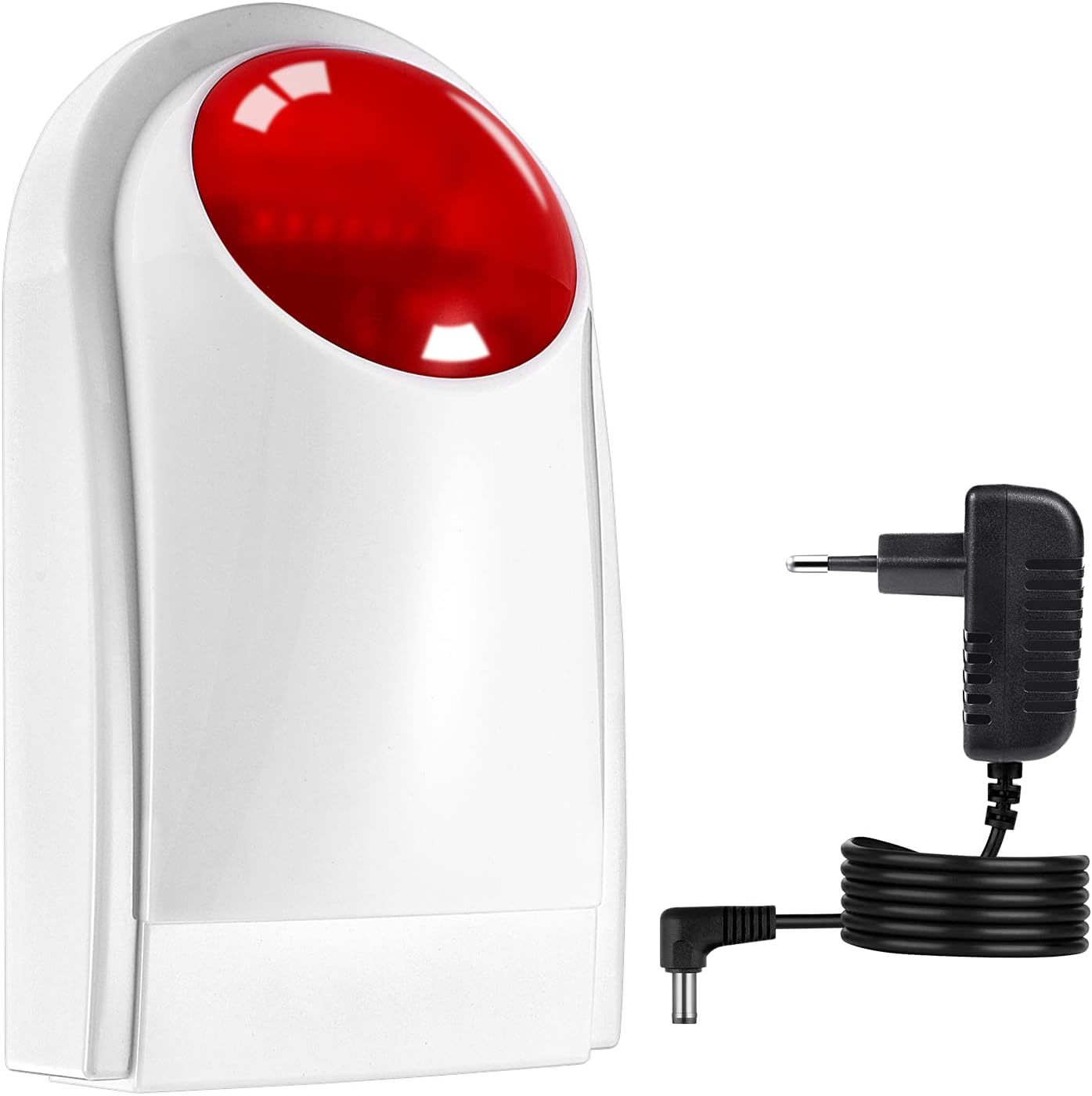 YISEELE Y-2 Wireless Indoor Siren shown next to its 12V DC power adapter.