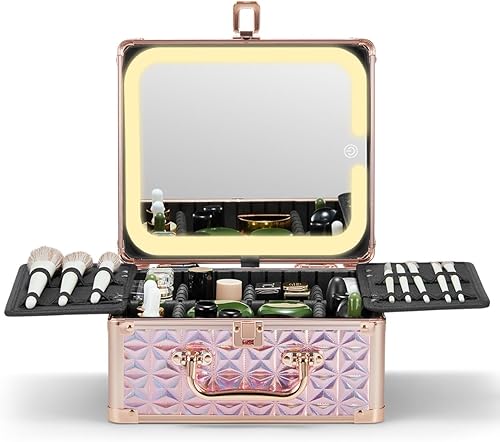 Qislee Caja de maquillaje con un espejo iluminado desmontable, funda de tren de viaje impermeable, organizador de cosméticos y maleta de maquillaje
