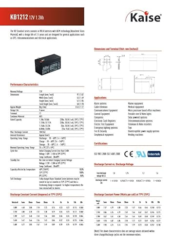 Kaise Technologies Batterie au Plomb AGM VRLA 12 V - 1,2Ah/Modèle KB1212-2 Unités