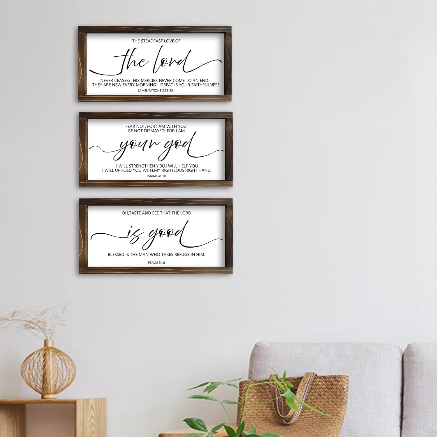 Pigort Christian Wall Art The Lord Your God Is Good Wall Decor Framed Wooden Wall Sign for Home Decor Farmhouse Vintage Rustic Living Room Minimalist 5.9x11.8inch Set of 3