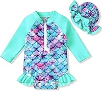 Vista 1 de Aalizzwell Traje de baño de una pieza de manga larga con sombrero para bebé niña Sirena cian