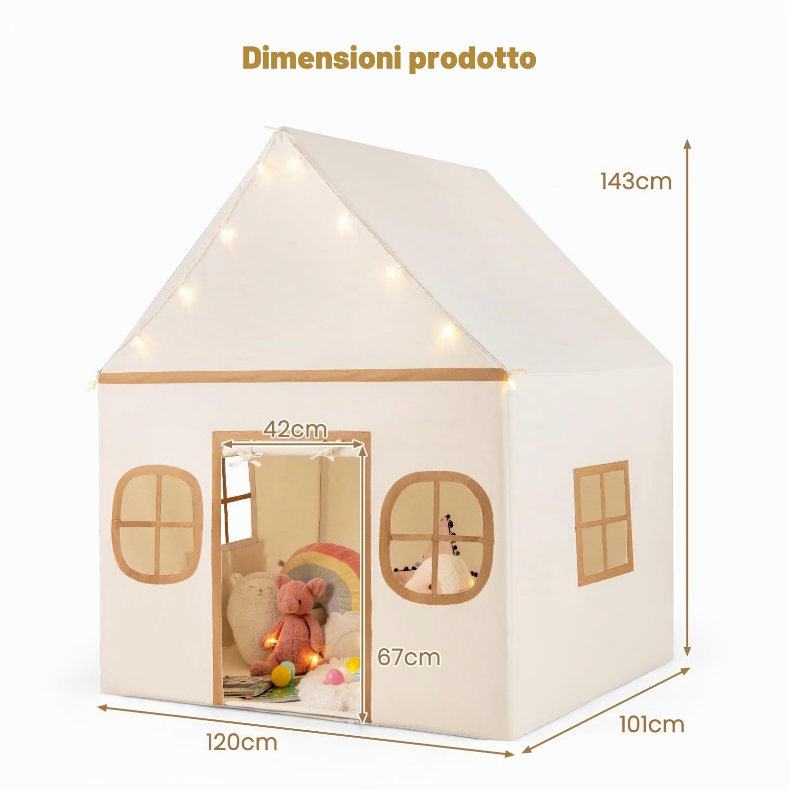 HOMASIS Tenda per Bambini da Interno, Casetta da Gioco per Bambini con Luci Stellate e Tappetino Imbottito e 4 Finestre, Tenda Principessa per Ragazzi e Ragazze dai 3+ Anni (Marrone)