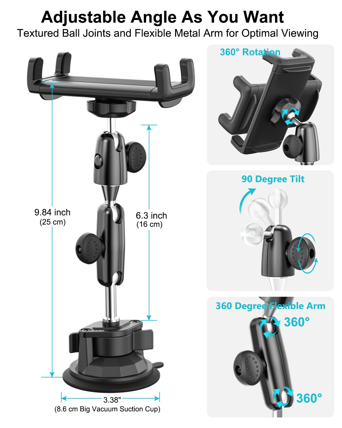 Soporte Tablet Tractor, Soporte Tablet para Tractor Parabrisas [Potente Ventosa], 360° Ajustable Brazo Metálico Porta Ventosa Tractor para iPad Pro Air Mini, Galaxy Tab, iPhone, 4-13" Tableta