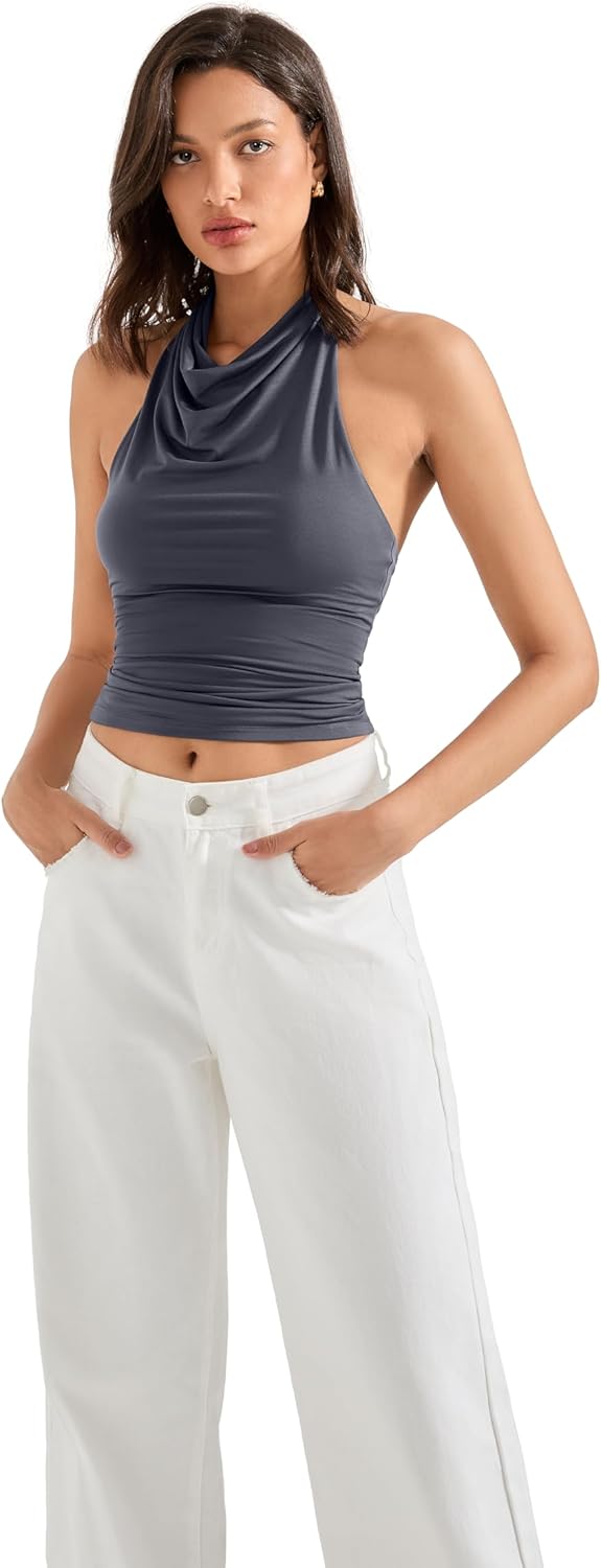 SUUKSESS Women Halter Backless Tank Tops Sexy Cowl Neck Summer Going Out Cami Tops - Image 2