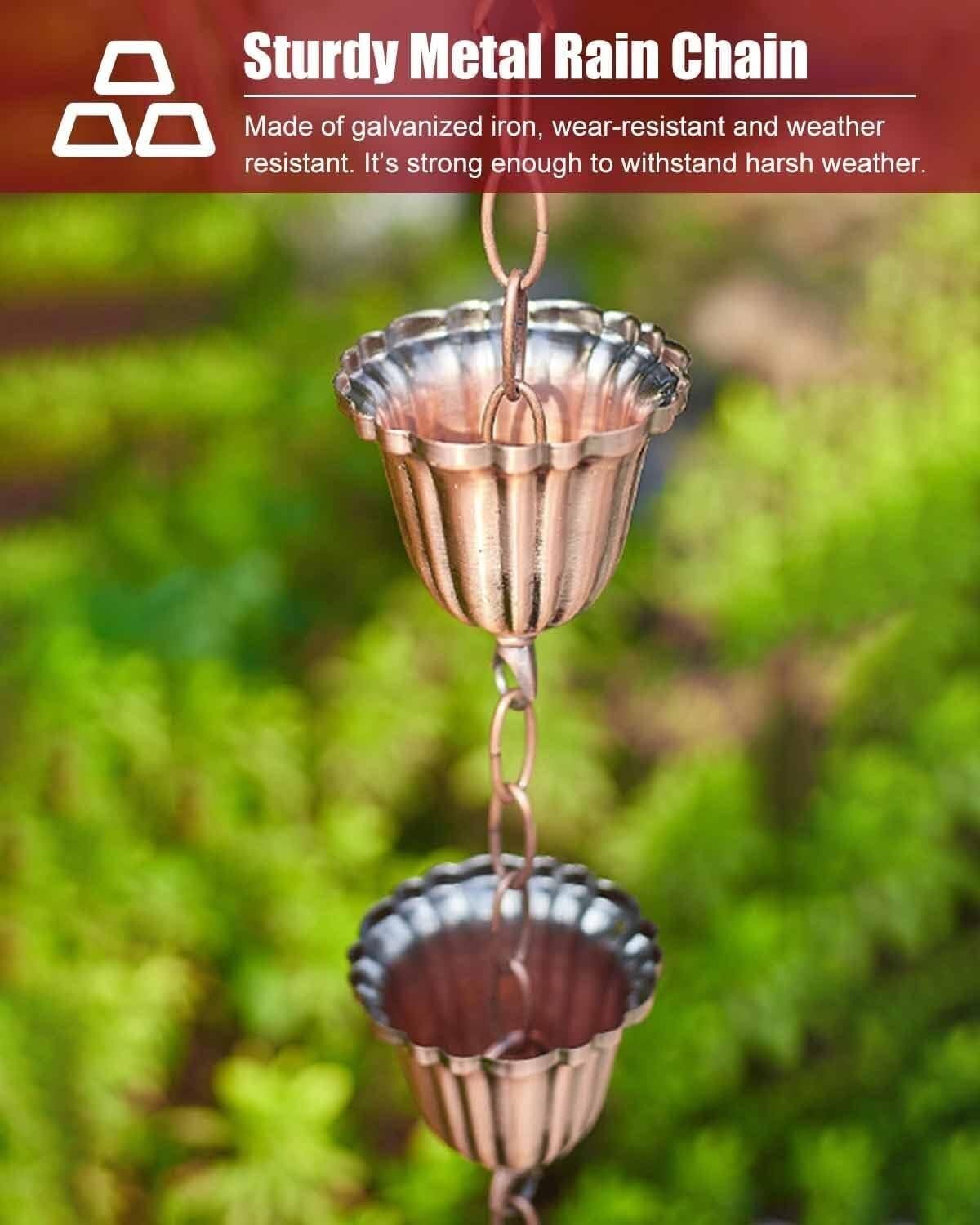 Catene da Pioggia Catene Antipioggia a Tazza for piogge Forti/Piccole, Catenella raccoglipioggia for sostituire i pluviali delle grondaie, Lunghezza Personalizzata(4m/13ft)