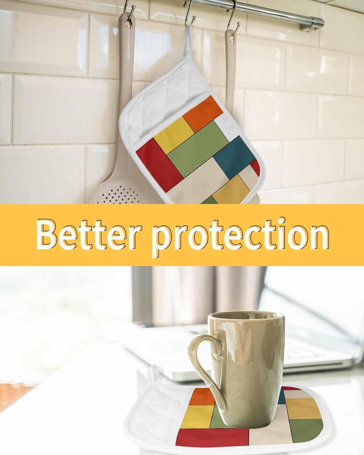 5 Pack Pot Holder with Pocket, Modern Geometric Color Block Kitchen Potholders Heat Proof Non Slip Pot Holders Sets, Red Blue Green Striped Hot Pads Potholder for Cooking Baking BBQ