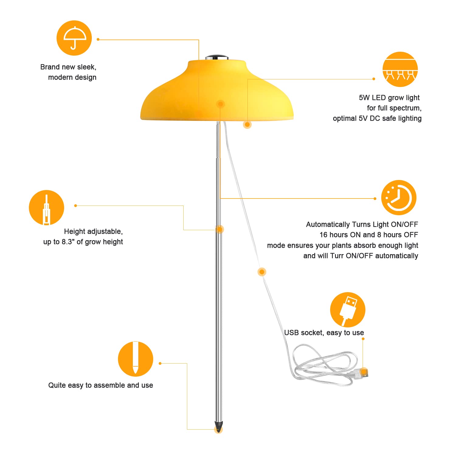 Egle lampada per piante - luce led crescita piante da interno - lampada led spettro completo con altezza regolabile e timer automatico (5W, 3500K, 240 Lumen, USB, 1.5A/5V) eco-friendly (Yellow)