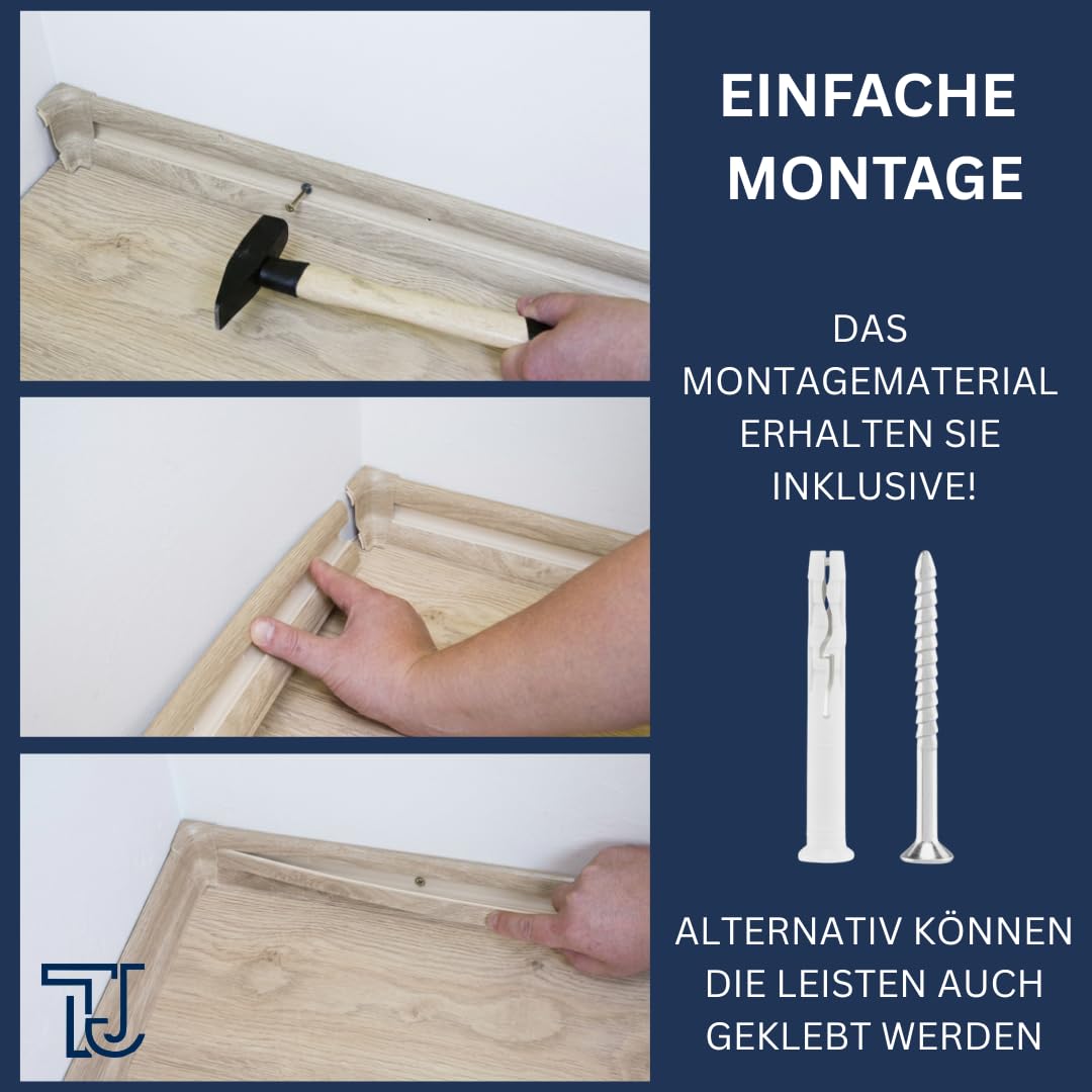 TJ Sockelleisten mit Kabelkanal [White | Länge 20 m] PVC Fußleisten Bodenleisten aus robustem Kunststoff in Holzdesign | mit Weichlippen | einfache Montage