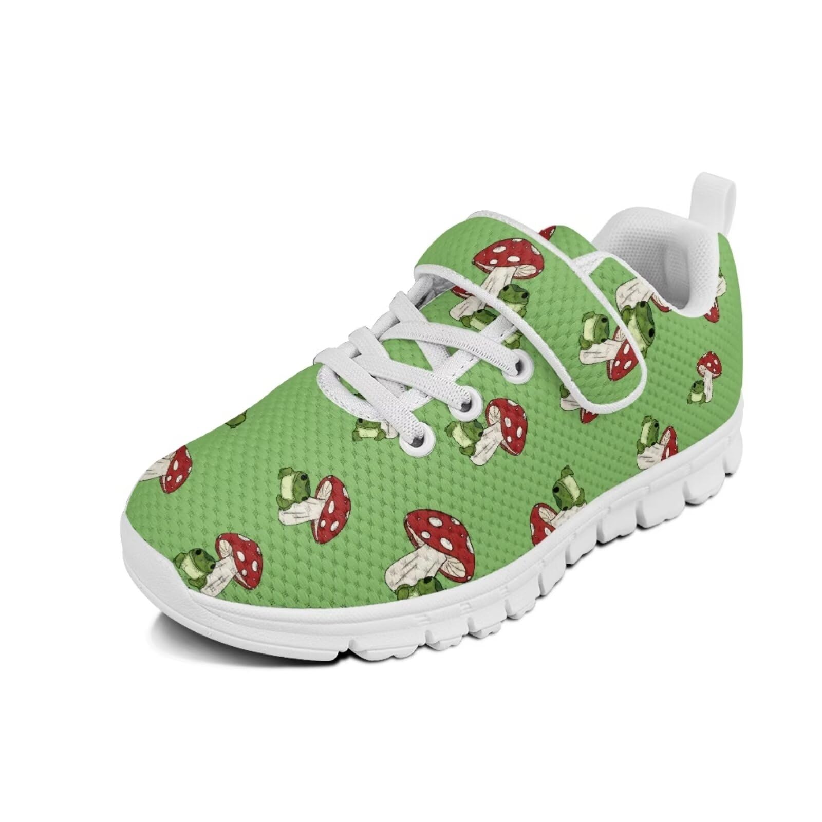 Howilath Mushroom Frog Print Kid Shoes Boy Sneakers Green Athletic Running Shoe with Single Buckle Comfortable Strap Walking Flat Shoes