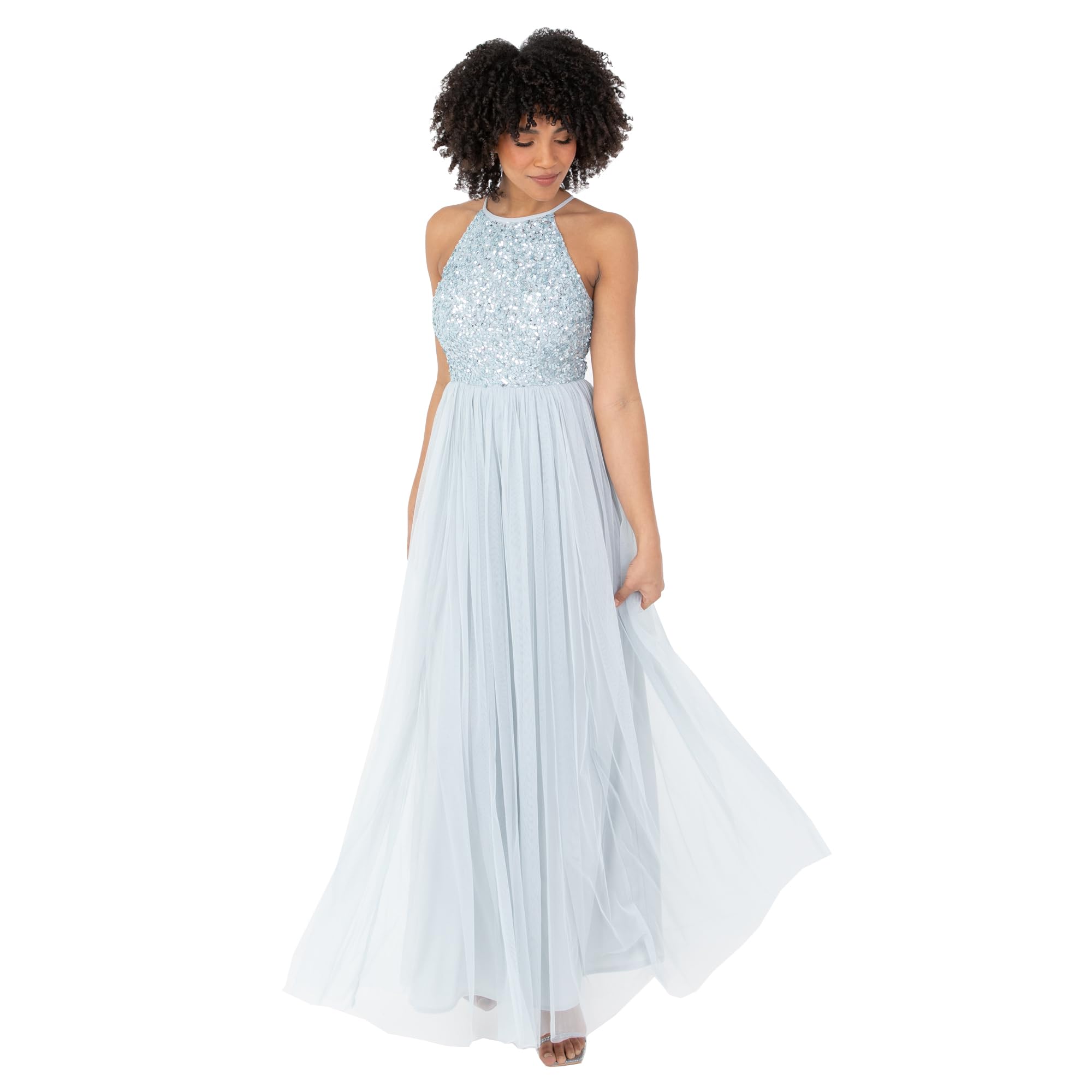 Maya Deluxe Damen Maya Deluxe Womens Ladies Bridesmaid Maxi Dress Halter Neck Sequin Embellished Prom Graduation Wedding Brautjungfernkleid, Ice Blue,