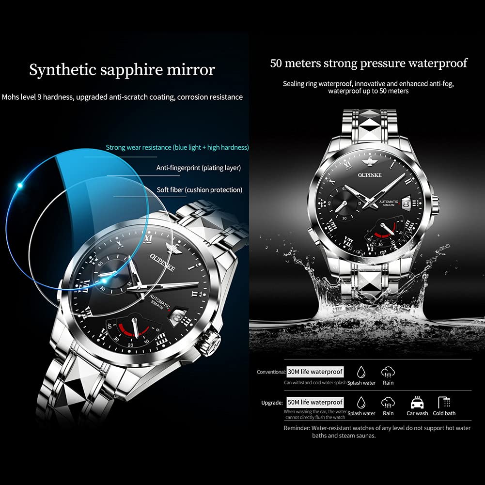 OUPINKE Relojes automáticos para hombres impermeables de cuerda automática relojes para hombres de moda mecánicos automáticos relojes, Negro,