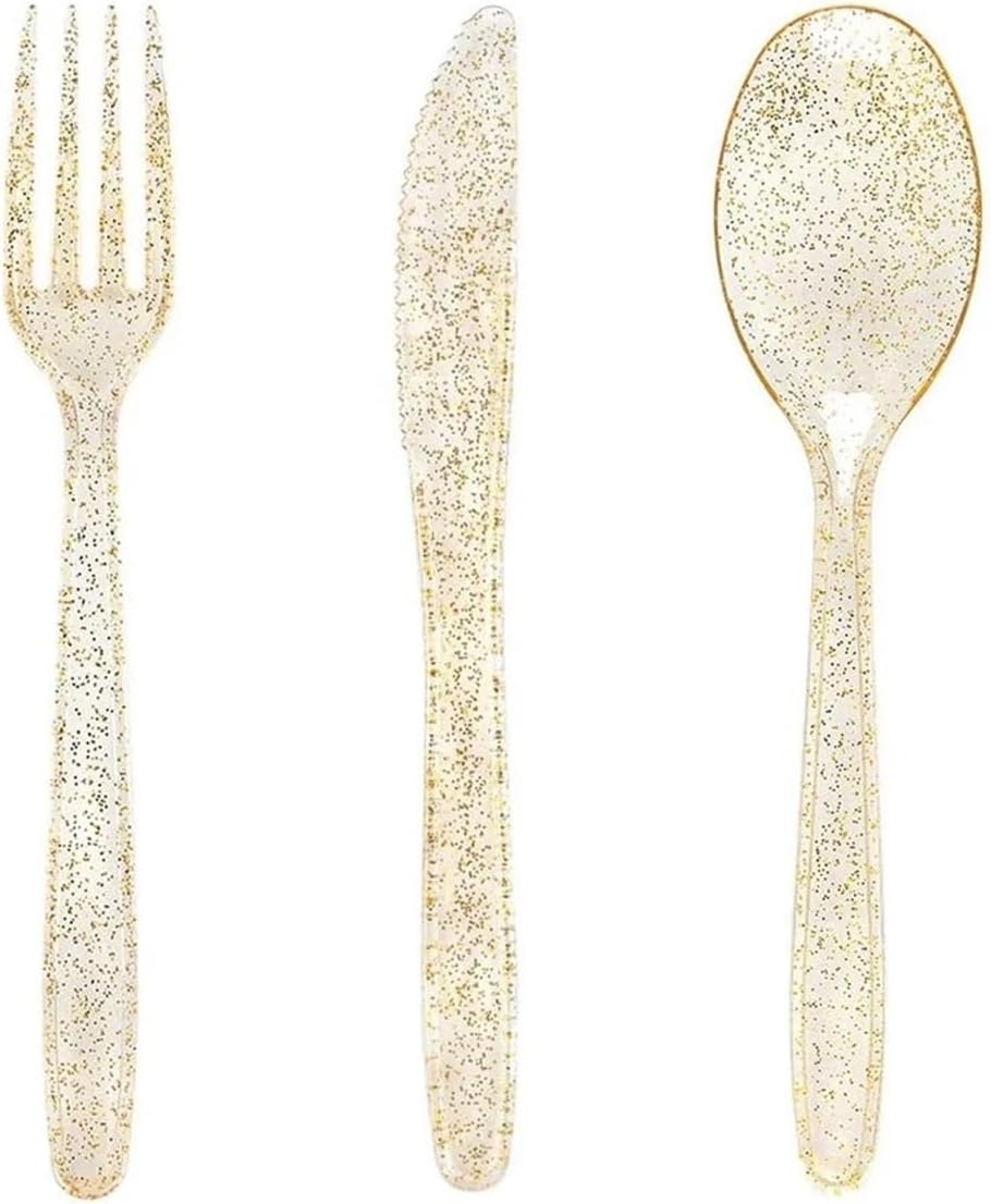 Gold Plastic Silverware- Disposable Glitter Cutlery- Flatware Includes 25 Forks, Spoons, Knives(50G Silver Fork)