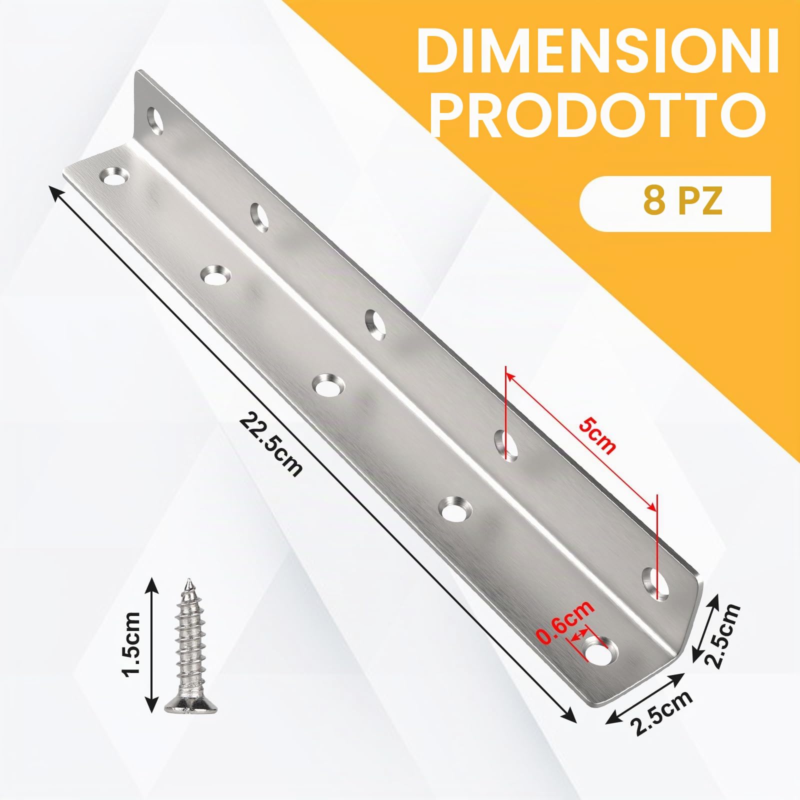8 pezzi Connettori Angolari a Forma di L Argento 225 x 27 x 27MM, 90 Gradi Staffa Angolare in Acciaio Inox con 80 Viti, Staffa a L Giunzione per Rinforzi, Riparazioni, Tavoli, Armadi, Mobili