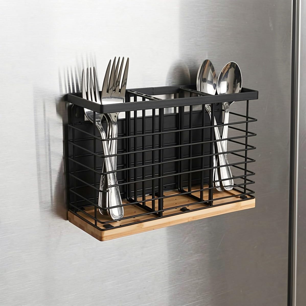 SHINEOFI Porte-couverts Magnétique Noir en Fer et Bois, 3 Compartiments