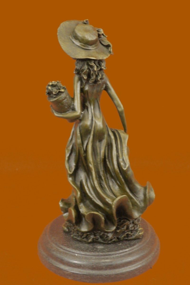Vintage Style Bronze Bust Statue Sculpture Woman Hat Flower with Marble Base