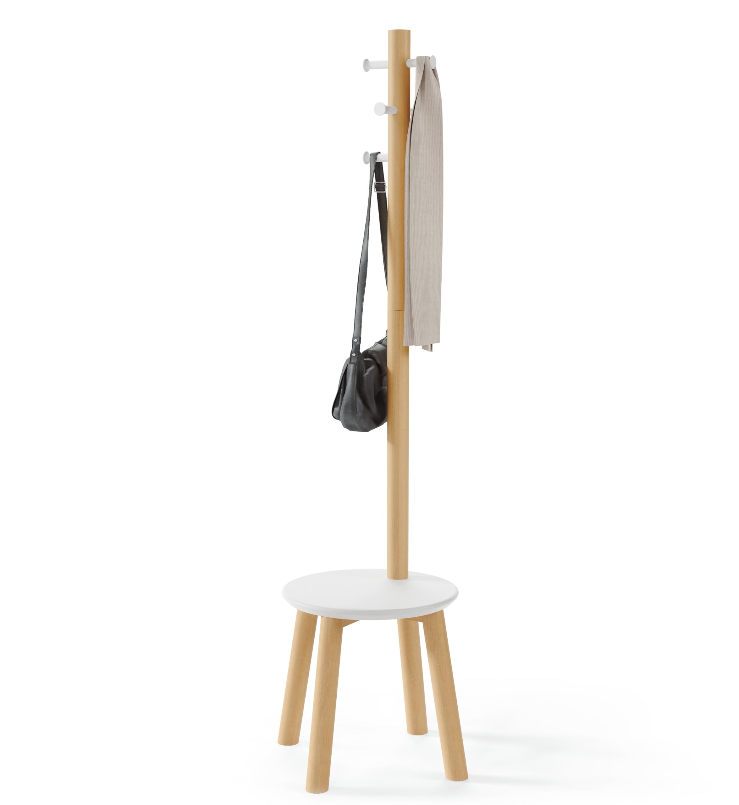Umbra Pillar Coat Rack, Stool, Clothing Organizer, Umbrella Holder and Hat Organizer, Great for Entryway, White/Natural