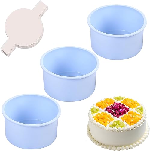 Miniatura 20 de Moldes redondos de 4 pulgadas para hornear, paquete de 3 moldes de silicona para pasteles con 100 piezas de papel pergamino, moldes antiadherentes