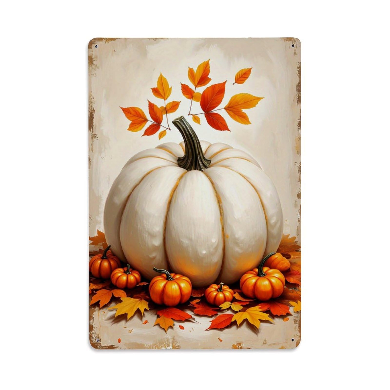 White Pumpkin Autumn Leaves Orange Retro Metal Tin Sign, Vintage Decor Art Poster for Bar, Home, Man Cave, Kitchen, Laundry Room Gift 8x12Inch