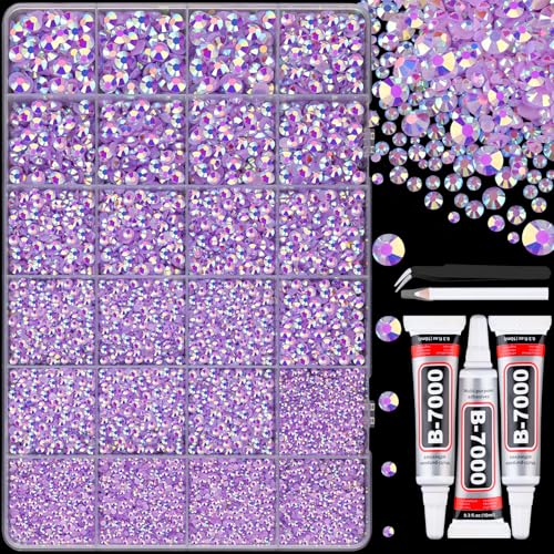 Image of 25000Pcs Resin Jelly Rhinestones with Tweezers for Crafting, Lavender Purple AB Flatback Gems, Bedazzling Crystal with 3Pcs 10ml B7000 Jewelry Glue for DIY Crafts Clothing Tumblers Shoes Nail Art