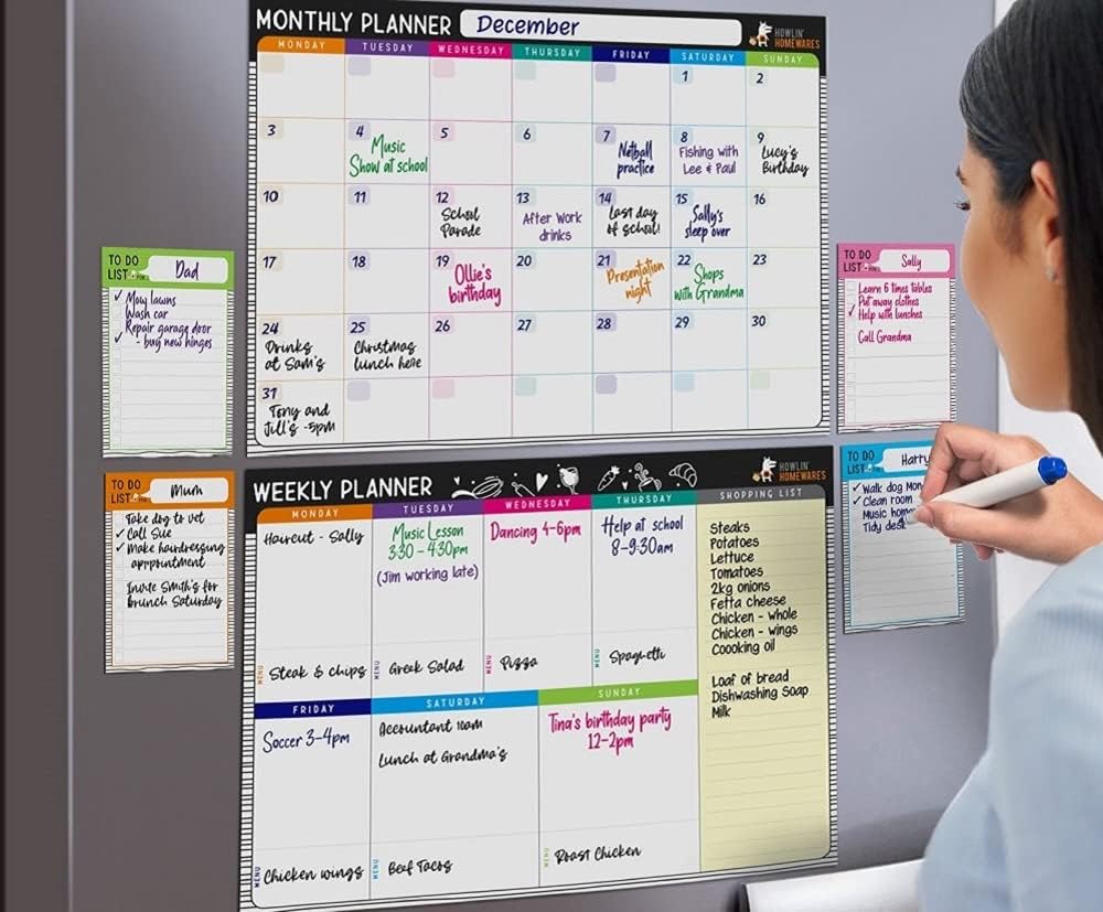 Better Value Dry Erase Board Organizers. 6 Magnets and 6 pens. 2-11.7 x 16.5 inch Weekly and Monthly Planner, 4-5.7 x 8.2 inch to do Lists. Complete with Menu and Shopping List, by Howlin’ Homewares