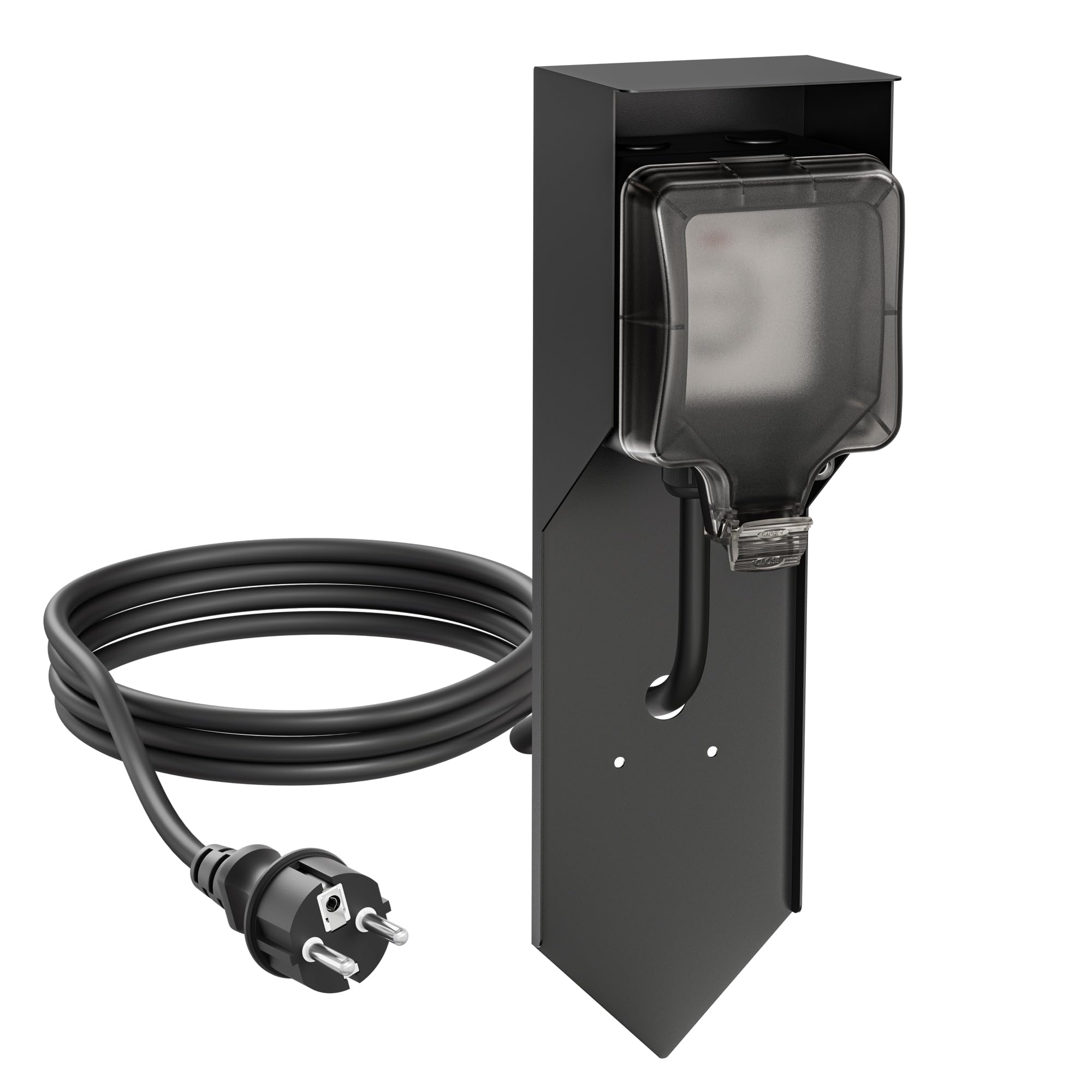 ledscom.de Steckdosensäule POXO mit Erdspieß und 2m Kabel für außen, IP65, 1-fach, schwarz, eckig, 40cm