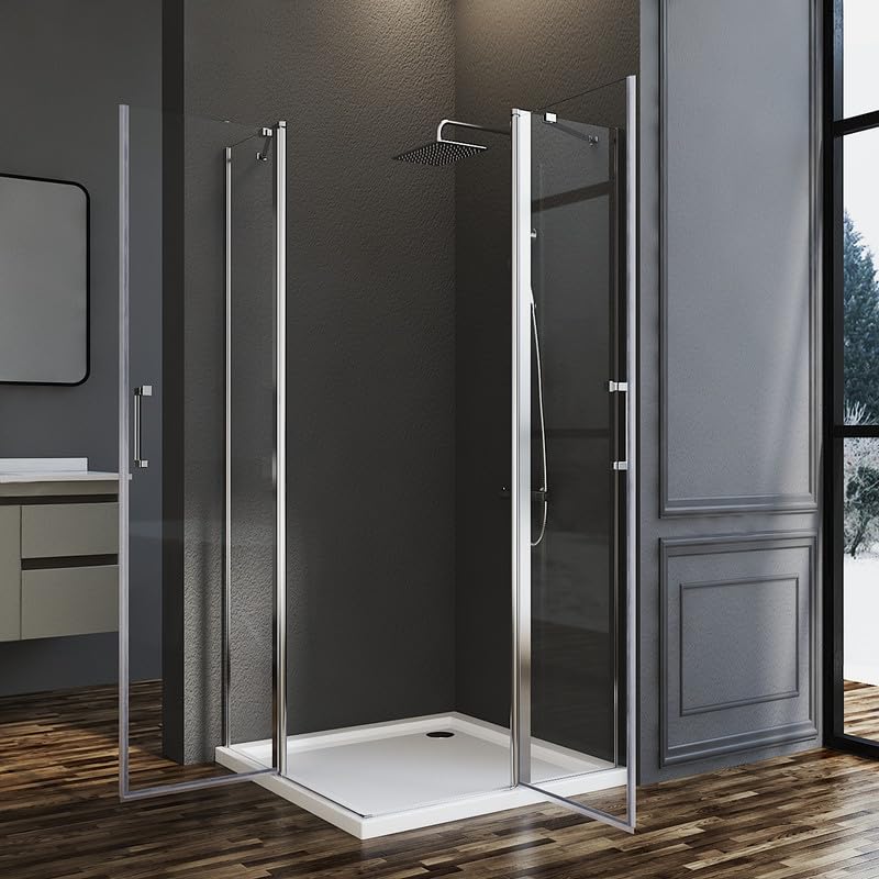 Duschkabine Eckeinstieg 75x90cm Duschabtrennung mit Pendeltüren, Dusche aus 6 mm NANO-Beschichtung ESG Glas, Scharniertür Duschkabine Eckeinstieg Höhe 185cm