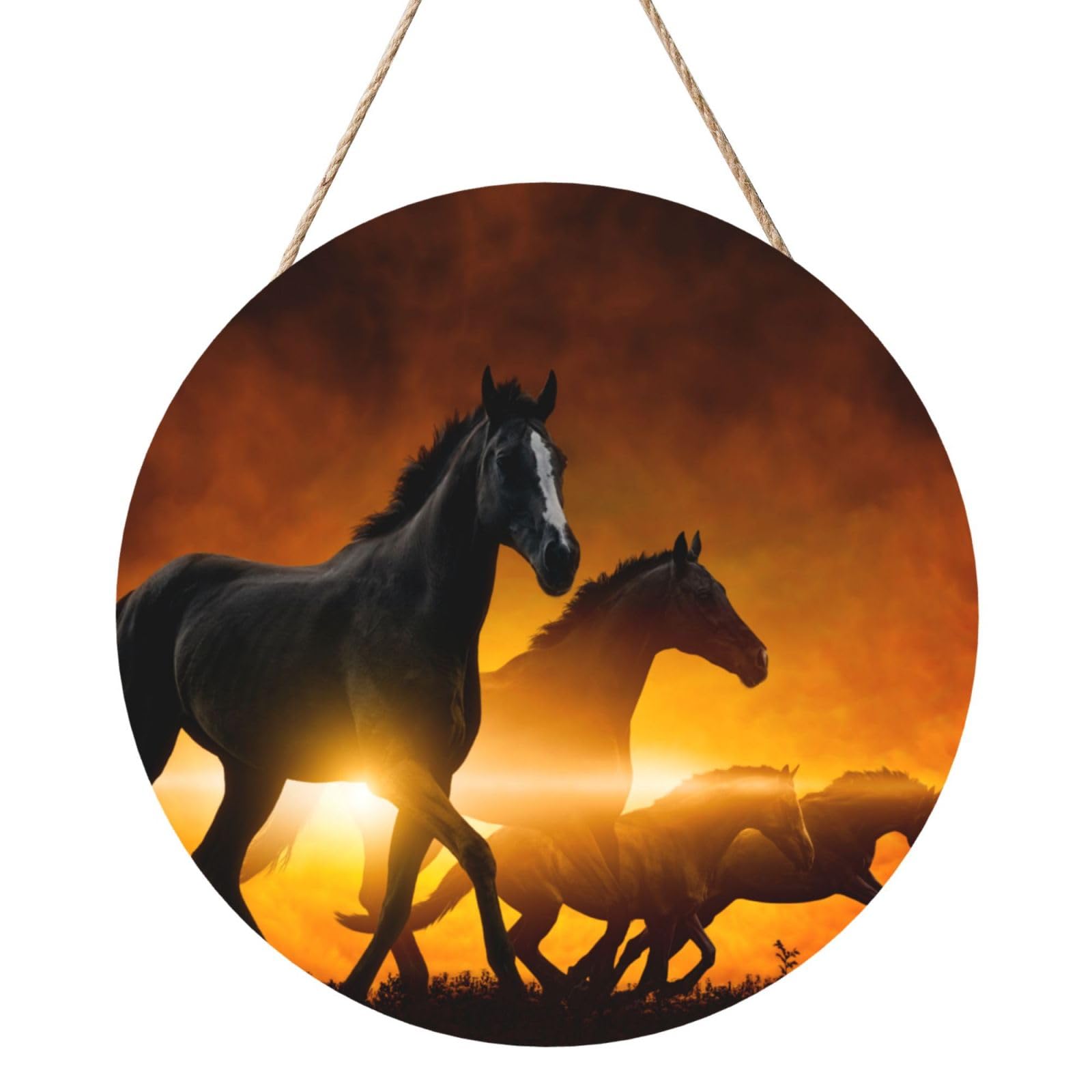 InOmak Black Horses Red Glowing Clouds Printed, Round Wood Panel Painting 12 in, Wall Hanging Painting For Home