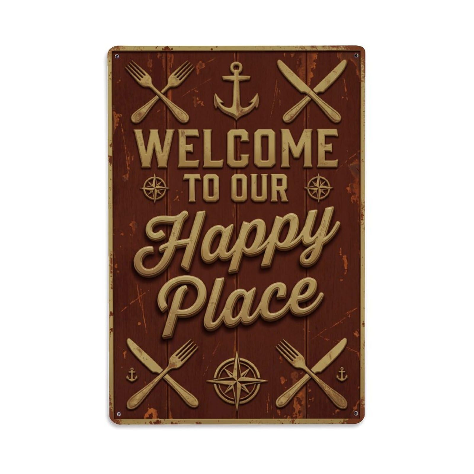 Fqnyr Style Welcome To Our Happy Place Vintage Wardroom Metal Tin Sign Plaque Wall Decor For Cafe, Club Bar, Office, Home Garden Metal Poster 8X12inch