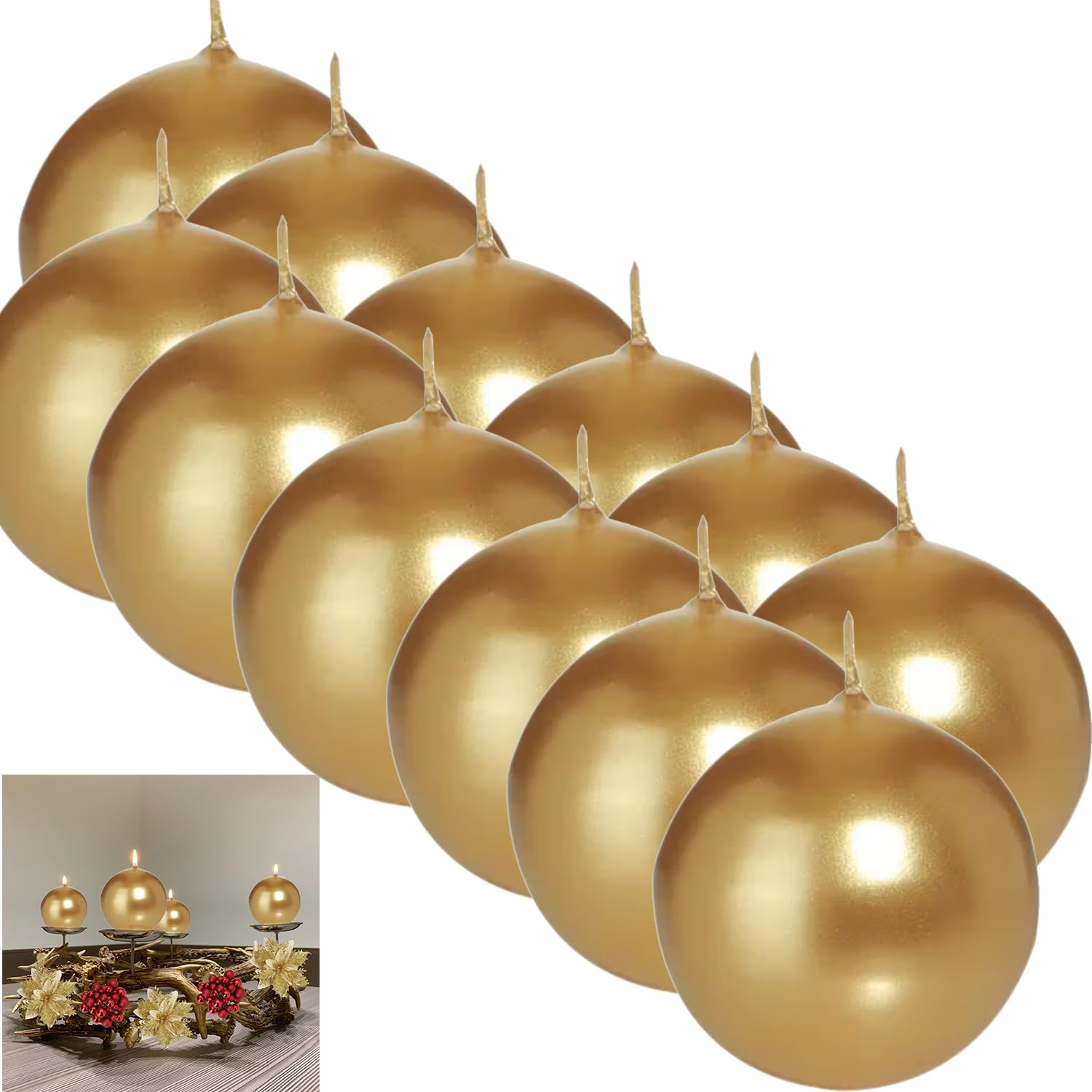 12 candele a sfera, diametro 7 cm, colore oro, lunga durata 16 ore, a forma di pilastro, in vera cera lucida, grande, Made in Germany