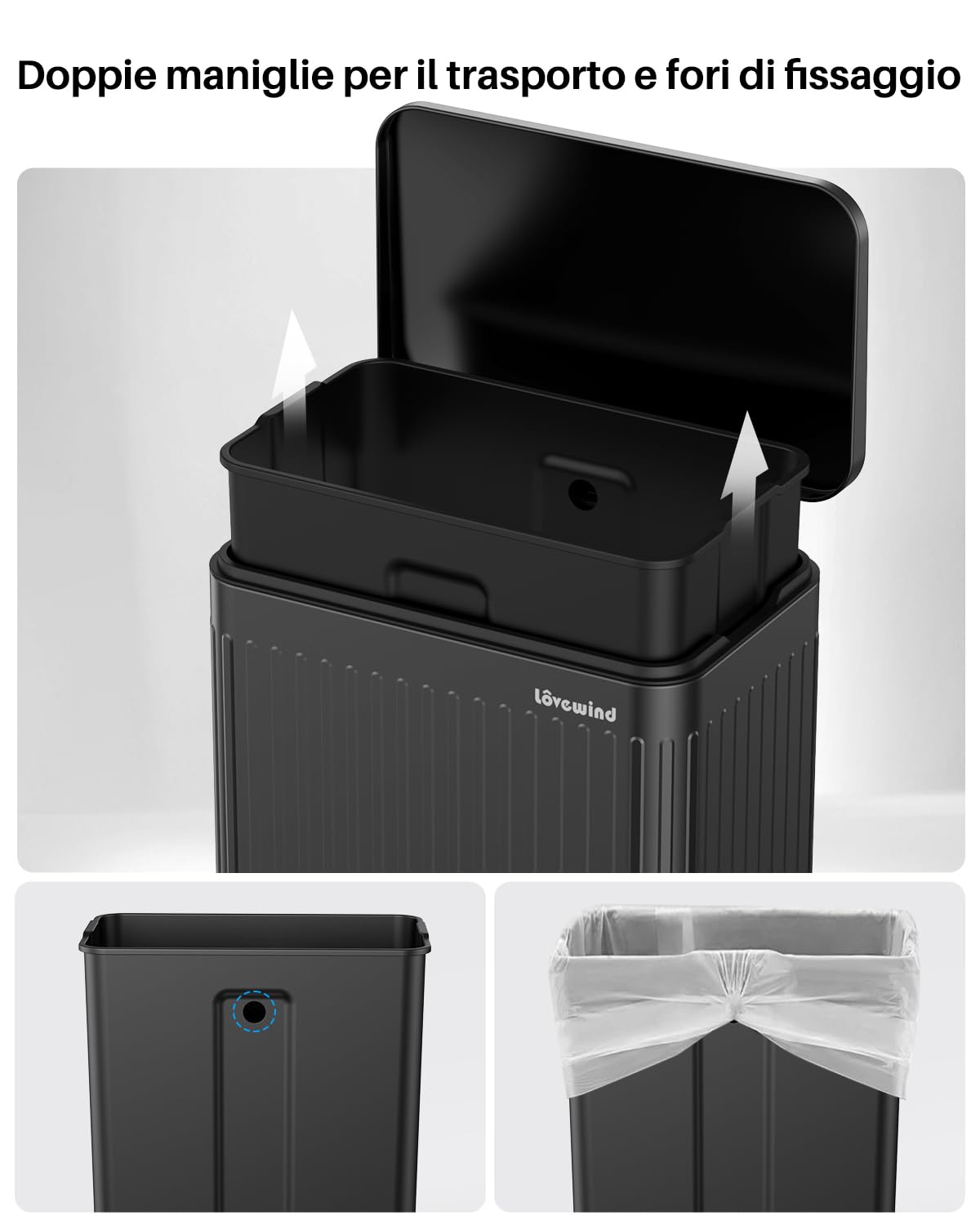 lovewind Bidone Spazzatura 60L Cucina Acciaio Inox Nero, Pedale con Chiusura Soft, Cestini Interni con Manici & Fissaggio Sacchetto, Design Romano, Anti-Odore, Facile Pulizia, Famiglia 3-6 Persone